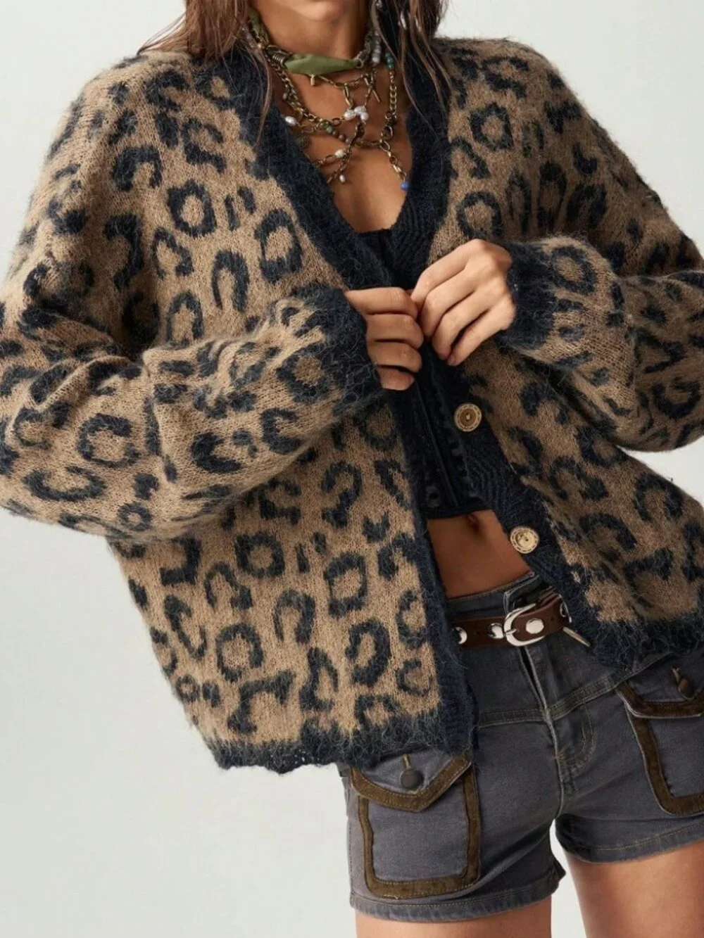 Tan & Black Leopard Print Cardigan, Oversized Knit
